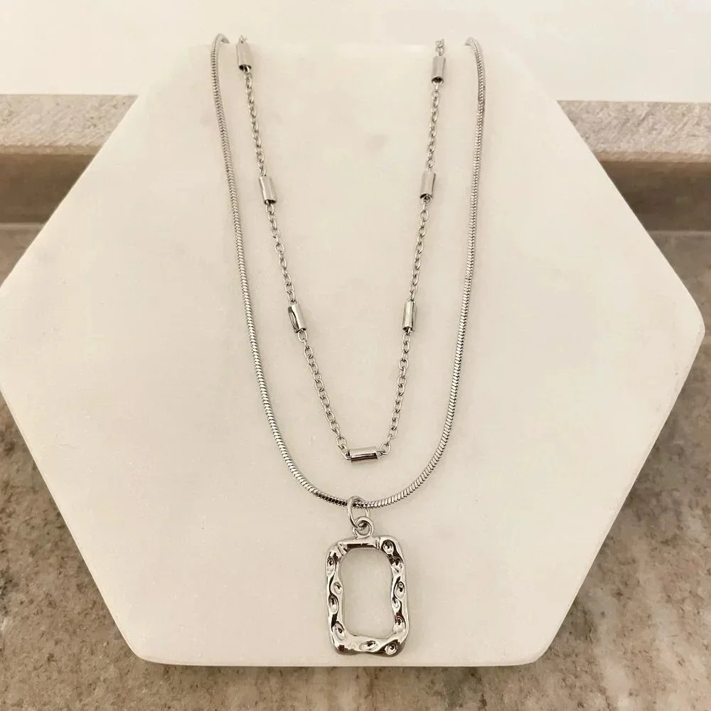 925 Sterling Silver Necklace Set Geometric Textured Square Pendant Sequin Chain
